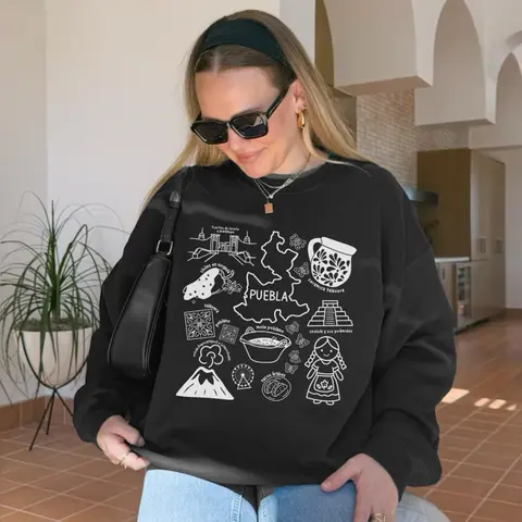 Women's Mexican Heritage Cartoon Large Graphic Crew Neck Pullover Sweatshirt - Soft, Comfortable, Easy-On, Oversized, Long-Sleeved, Casual Flat T-Shirt Style, Chic, Cute, Sits Clean Under Hoodies, Cold Wash, Do Not Dry Clean