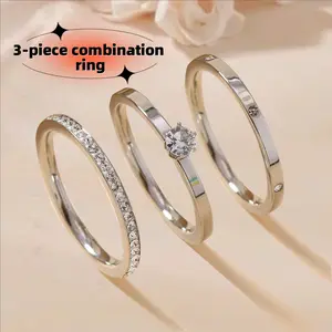 Niche Design Titanium Steel Ring Set, 3Pcs Silver Tone Plain Band Rings, Shiny Big Diamond Inlaid, Fashion Stainless Steel Finger Jewelry for Women Daily Party