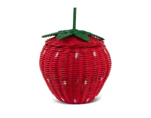 Hand Woven Strawberry Rattan Storage Basket with Lid Decorative Bin Home Decor Shelf Organizer Cute Handmade Handcrafted Gift Art Decoration Wicker