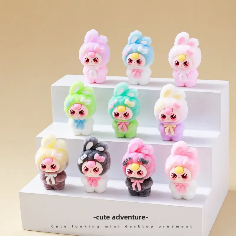 Set of 10 cute flocked standing plush dolls in a kawaii style, desktop and car decorations, shipped in random colors