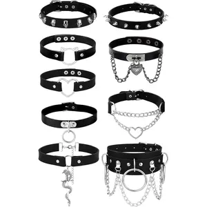 MILACOLATO 6-9pcs Leather Punk Goth Choker Necklace with Love Heart Spikes, Adjustable Pu Collar for Women