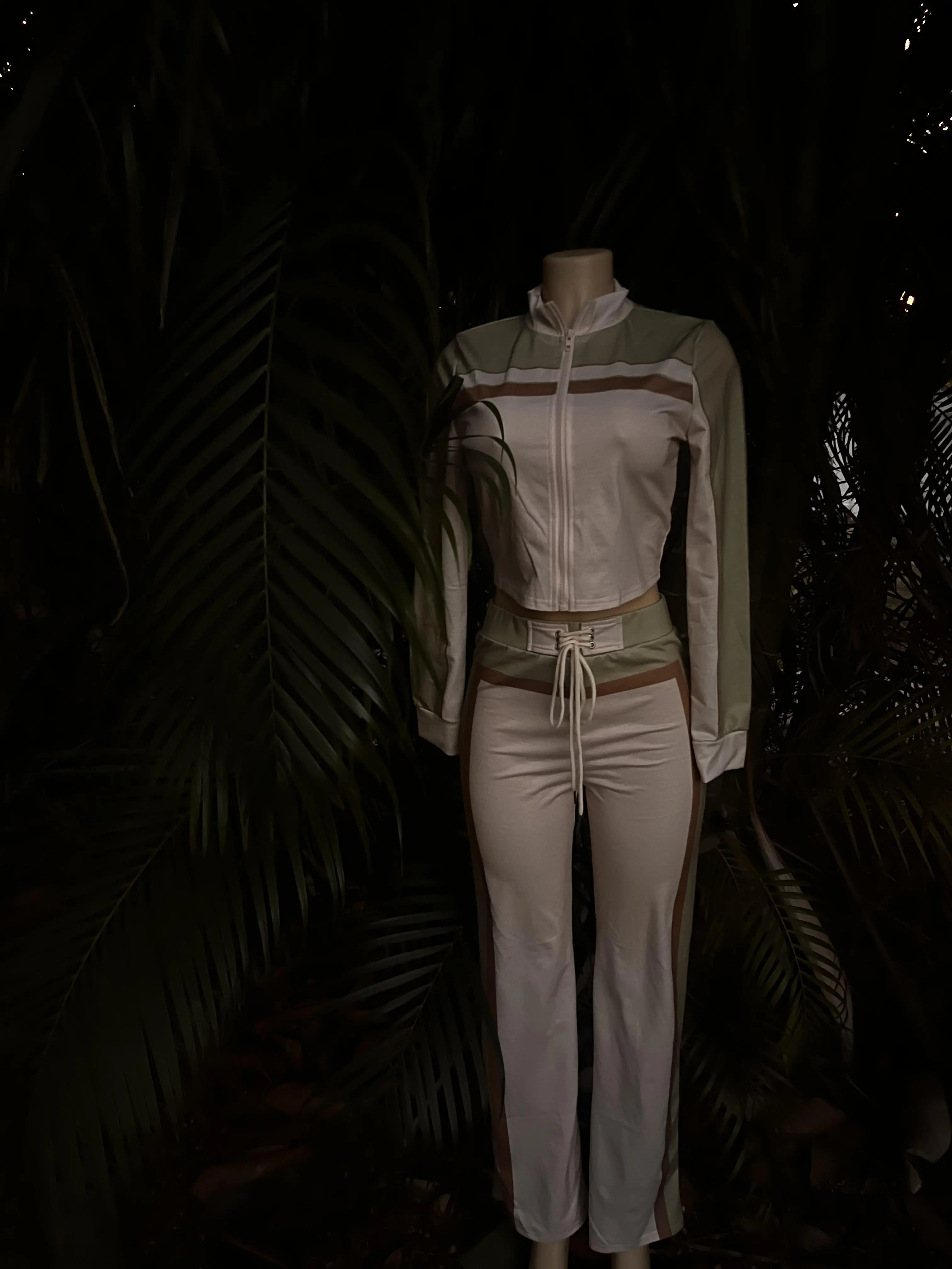 On The Move Set - Two-Piece Matching Cropped Zip-Up Jacket & High-Waisted Pants with Adjustable Lace-Up Front Flattering Color-Block Contour Design