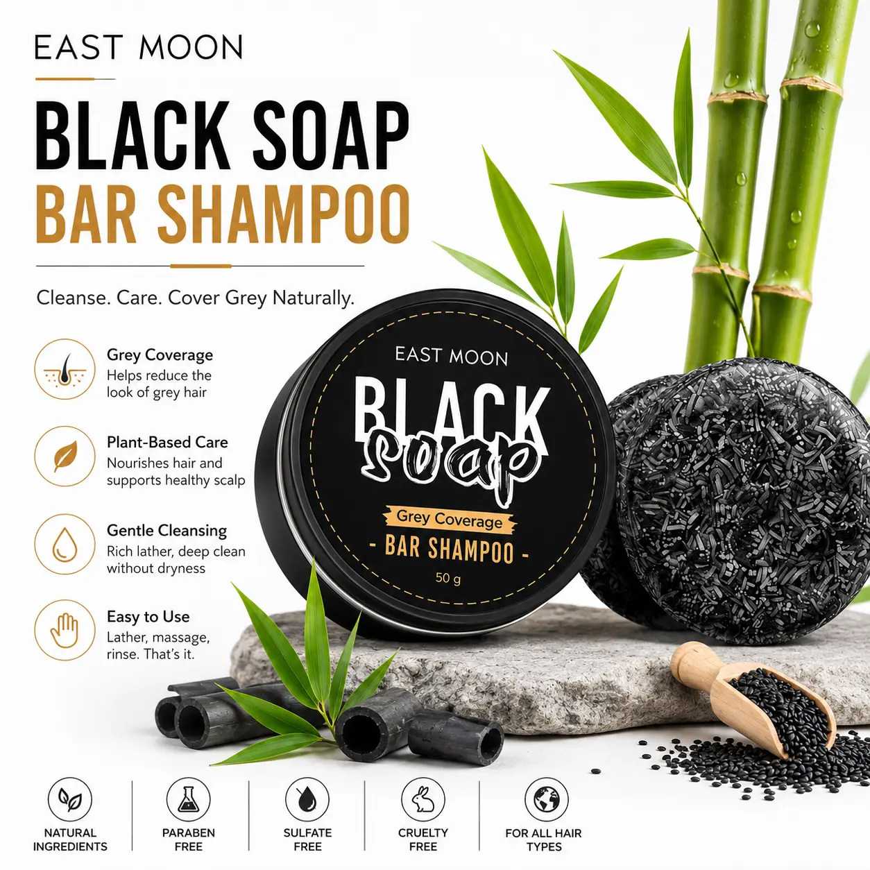 Black Soap Shampoo Bar with Bamboo Charcoal for Grey Coverage, Plant-Based Daily Haircare for Natural Dark Hair - 50g for Men