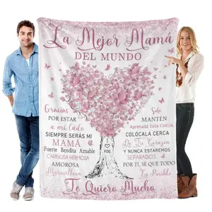 La Mejor Mamá Del Mundo Flannel Blanket Soft Cozy Spanish Language Gift Throw with Heartfelt Love Messages Pink Butterfly Tree Design Perfect for Gifting to Your Mom