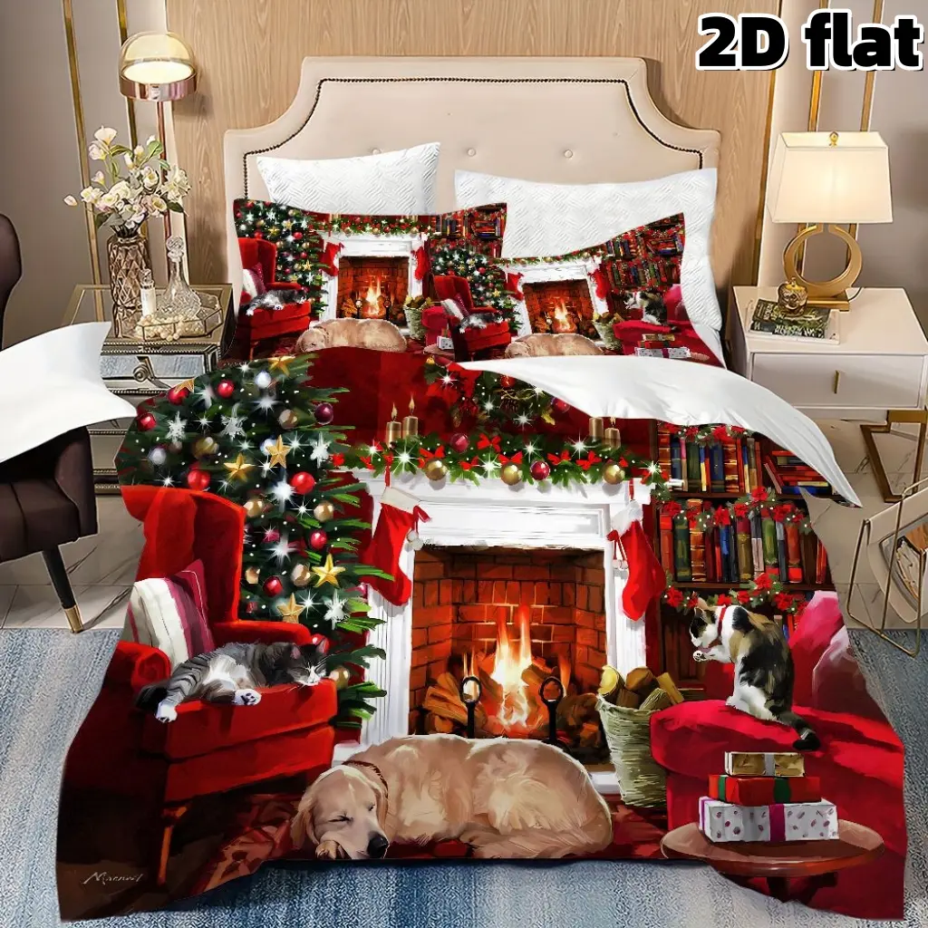 2D Flat 3Pcs Decorative Bedding Set Christmas Cozy Fireplace Bedding with Dogs Cats Pet Themed Winter Holiday Decor Microfiber Duvet Cover Red Green Christmas Tree Design Bedding Collection for Master Bedroom Guestroom Home Decoration Christmas Gift