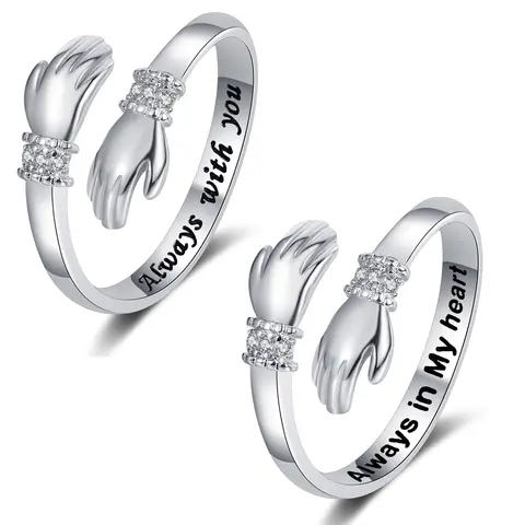 Women's 2-Piece Adjustable Engraved Silver Heart Ring Set - Kabuer Hug Design, Dainty Refined Feel, Custom Birthstone, "Always With You"/"Always Keep Me in Your Heart" Messages, Thoughtful Christmas Gift for Grandma