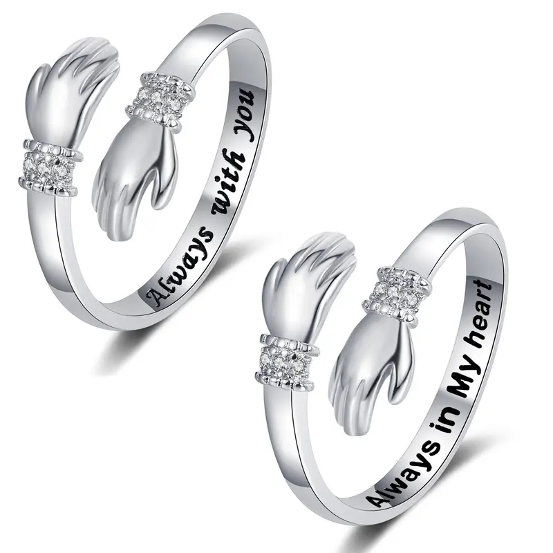 Women's 2-Piece Adjustable Engraved Silver Heart Ring Set - Kabuer Hug Design, Dainty Refined Feel, Custom Birthstone, "Always With You"/"Always Keep Me in Your Heart" Messages, Thoughtful Christmas Gift for Grandma