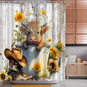 Cow & Flower Pattern Shower Curtain, 1 Count Waterproof Shower Curtain with 12pcs Hooks, Bathroom Decor Supplies for Home Hotel Salon, Bathroom Decoration Accessories
