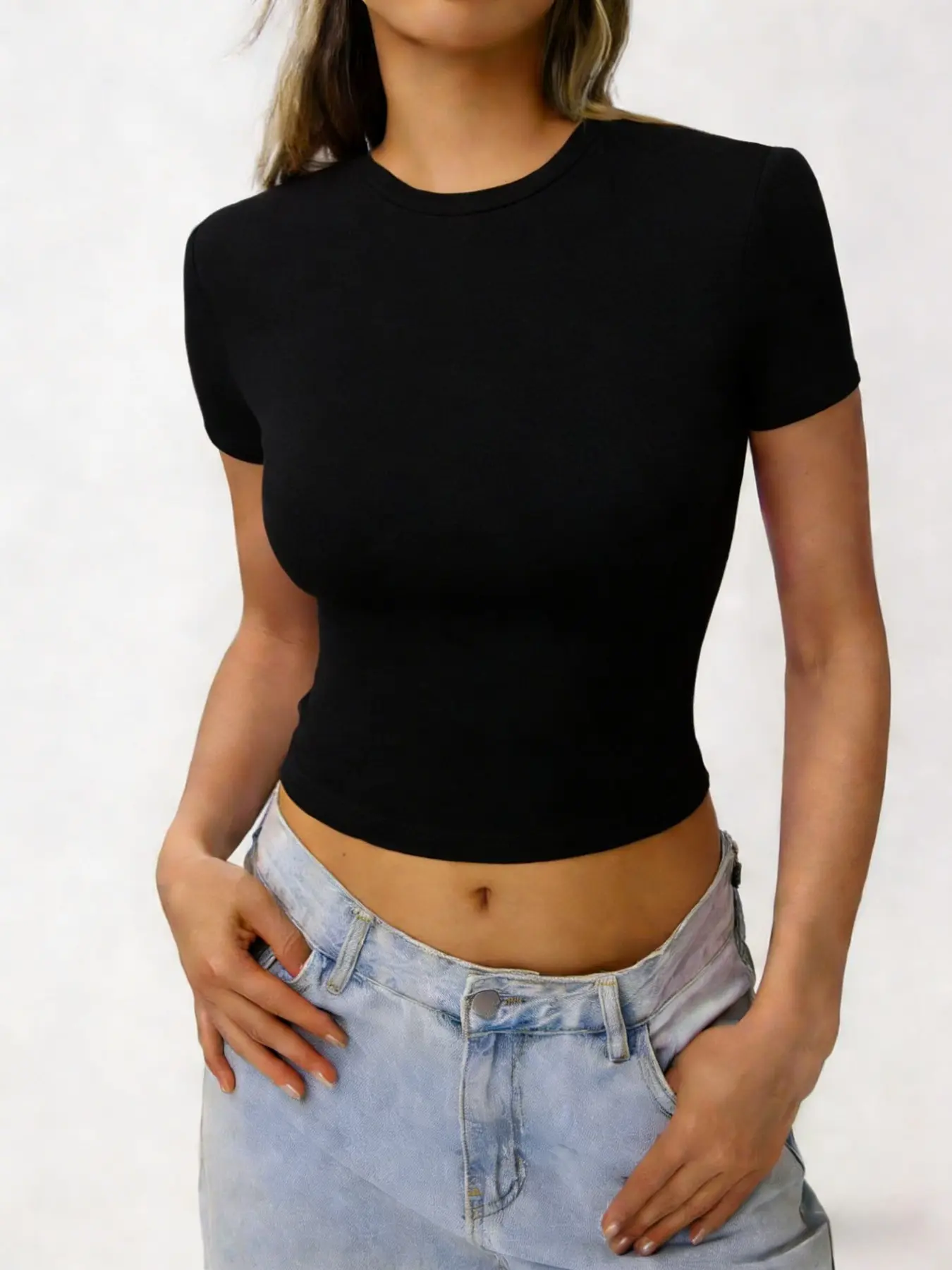 Women's Slim Fitted Short Sleeve Crop Top. Buttery Soft Stretchy Fabric, Crew Neck Slim Waist Cropped Length Basic Layering Tee, Casual Daily Streetwear, Black/White/Light Grey/Dark Grey