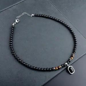 1pc Men's Black Zircon Pendant Necklace Stone Beaded Chain Necklace Artificial Jewelry