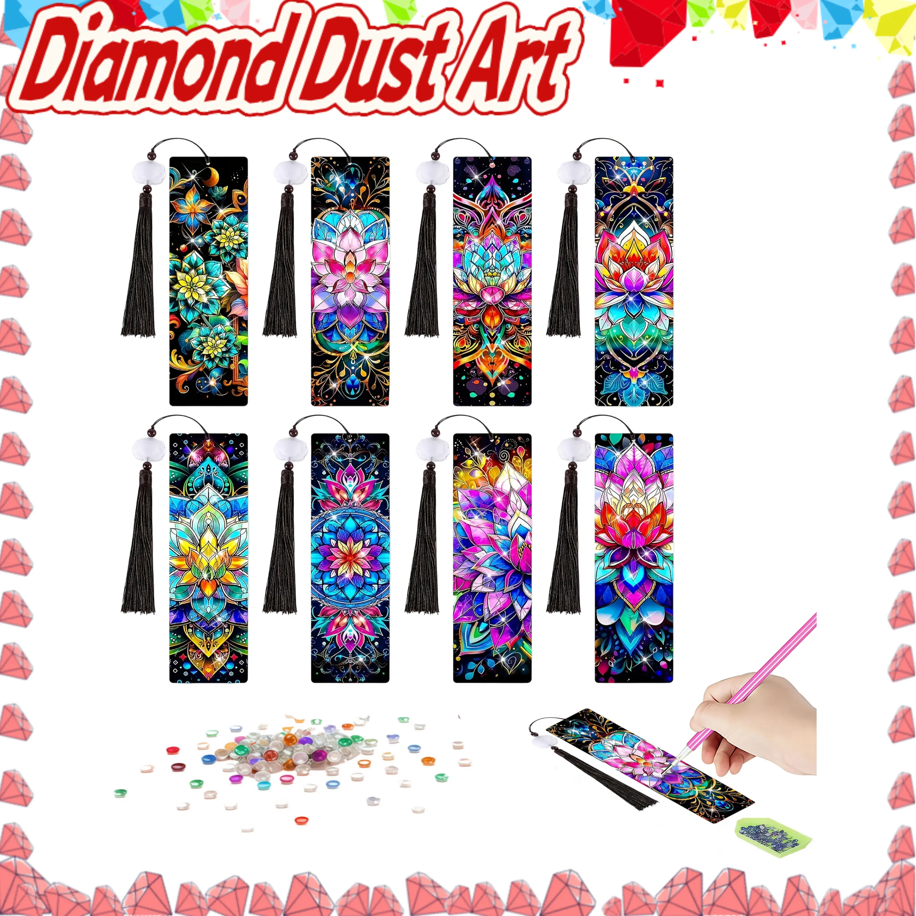 8-piece set of diamond painting art bookmarks -Colorful lotus patterns, 5D irregular diamond paintingbookmarks and pendants, DIY handmade home andoffice supplies reading bookmarks Book Accessories
