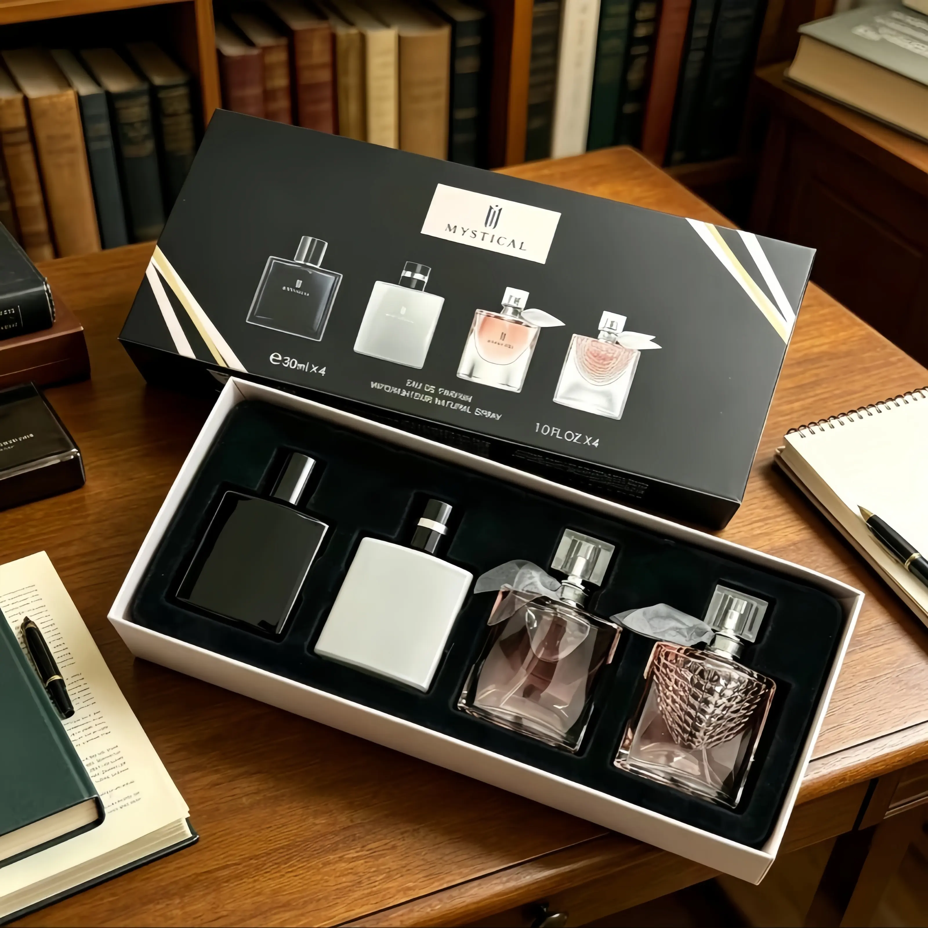 Black Gold Marble Perfume Set I 30ml*4 ITwo men's woody and twowomen's floral-fruity fragrances I with bottlesfeaturing a high-end, light luxury feelIsuitable for personal use or as gifts  Mini Perfumes，Perfect birthday gift, portable travel size,