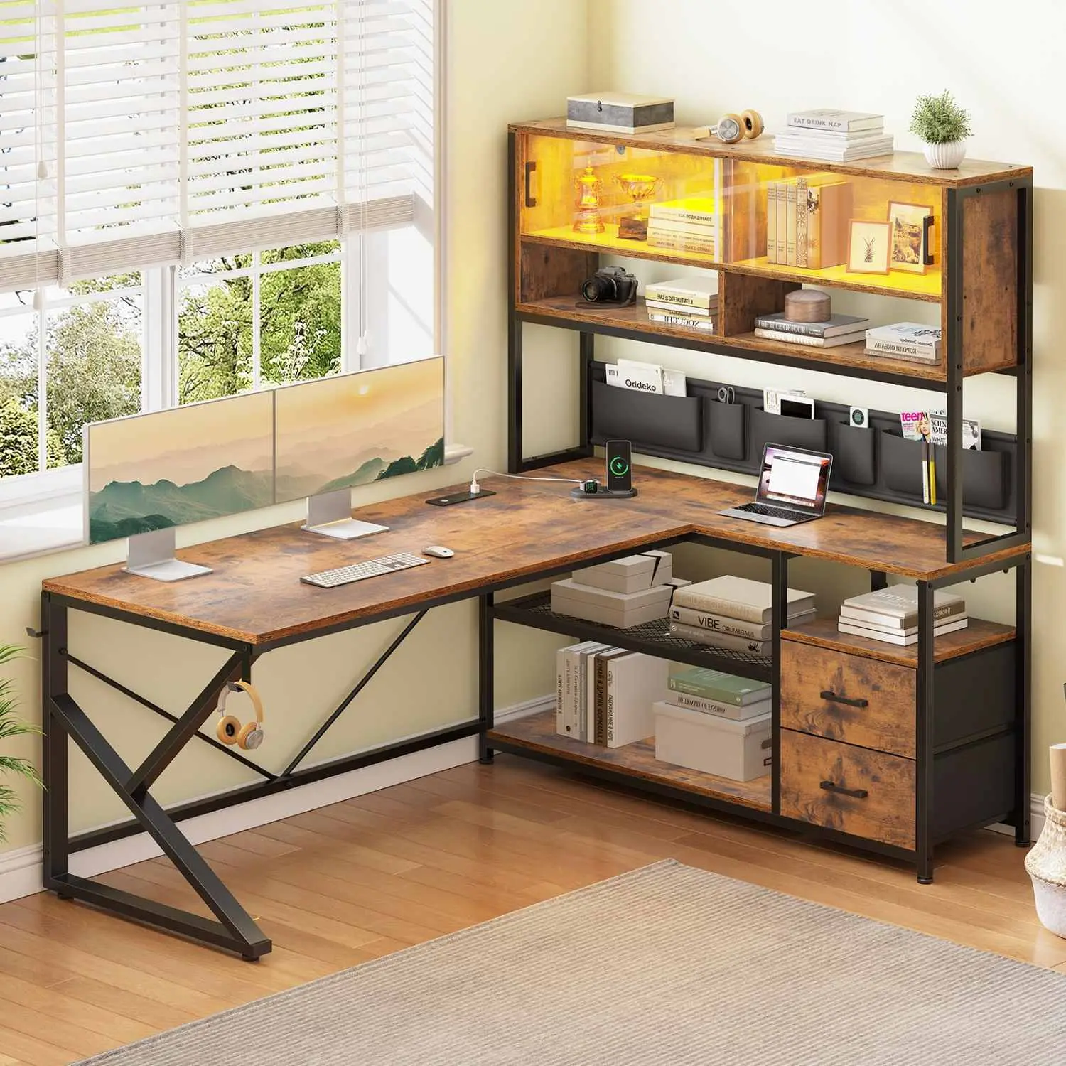 SIKAIC LED L-Shaped Gaming Desk with 2 Drawers, Bookshelf, and Modern Computer Armoires - Brown Office Furniture