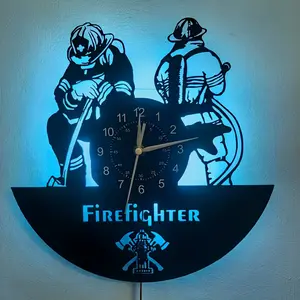 Multi-Color Luminous Firefighter Vinyl Wall Clock Night Light Perfect Home Decor Gift for Birthdays Halloween New Year (Battery Not Included)