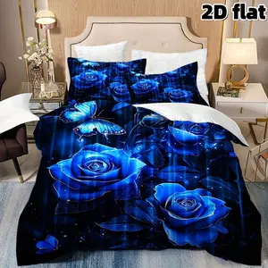 2D Flat 3Pcs Blue Rose Butterfly Bedding Glowing Floral Print Duvet Cover Modern Elegant Bedroom Decor Soft Microfiber Quilt Cover with Pillowcases Bed Sets Supplies Home Textile Gift for Women