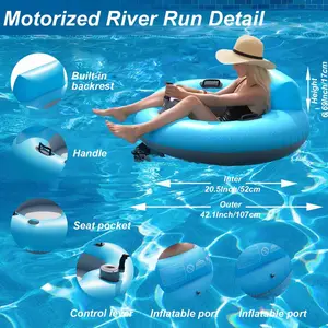 Motorized Pool Float with Steering System & Rechargeable Battery, Electric Inflatable River Tube Heavy Duty Water Lounger with Backrest and Cup Holder for Pool Beach, for Adults and Kids