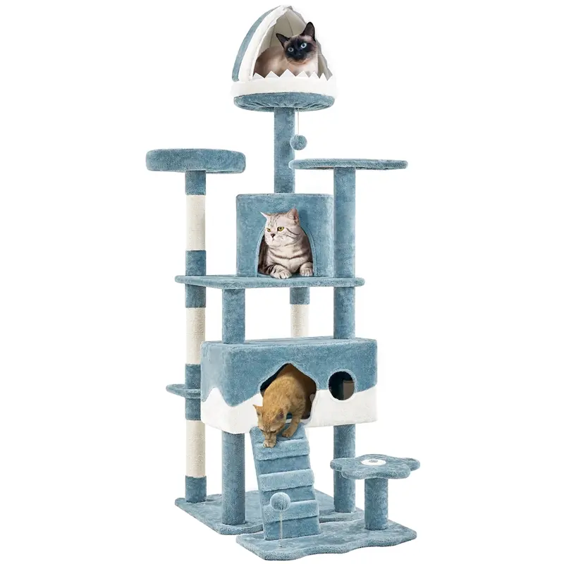 Yaheetech Modern Ocean-Themed Wave Cooling Multi-Levels Plush Cover Cat Tree (45.5/61/72.5 inches, 19in L × 19in W, Foam), Plush Cat Tower with Kitten Condo, Sisal Scratch Post, Perches & Vertical Scratcher, Particle Board Construction