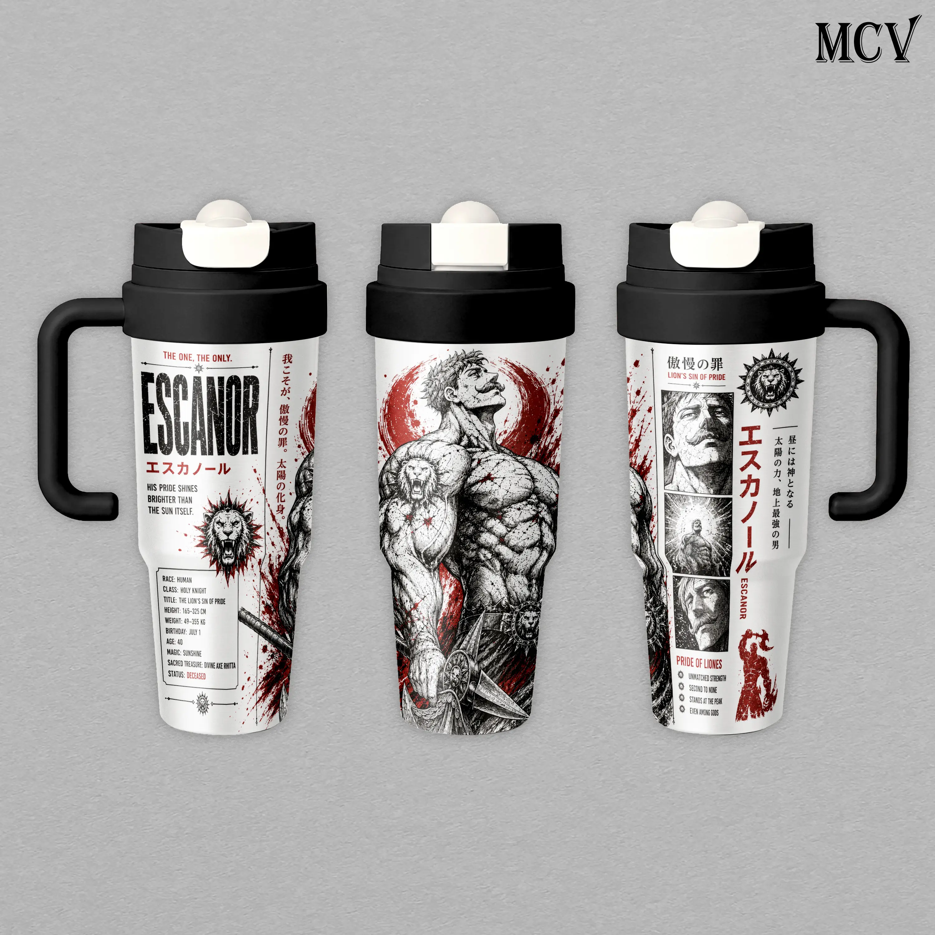 Escanor The Seven Deadly Sins Tumbler 17oz 24oz 30oz, Premium Insulated Stainless Steel Travel Mug with Lid and Handle, Sunshine Warrior Anime Graphic Design, Reusable Coffee Water Cup, Gift for Anime Fans