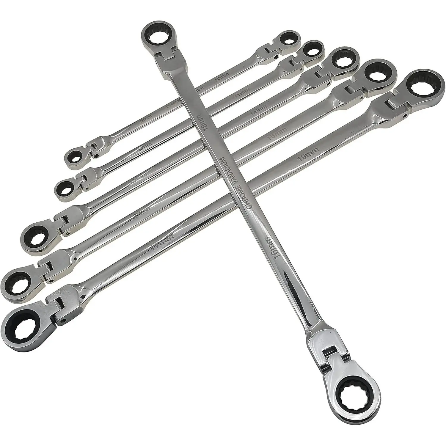Metric 12-Size Extra Long Gear Ratcheting Wrench Set (8mm-19mm) - 6 Lengths Wrenches, Chrome Vanadium Steel, 180° Pivot, Fingerprint-Proof, Family Car Repair & Assembly-Disassembly Tool, Beautiful Packaging, Rotatable