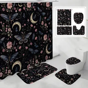 Night Garden Shower Curtain with Gothic Design, Featuring Floral and Butterfly Patterns, Aqueous Aura-Style Bathroom Decoration, 71x71 Inches, Shower Curtain Set