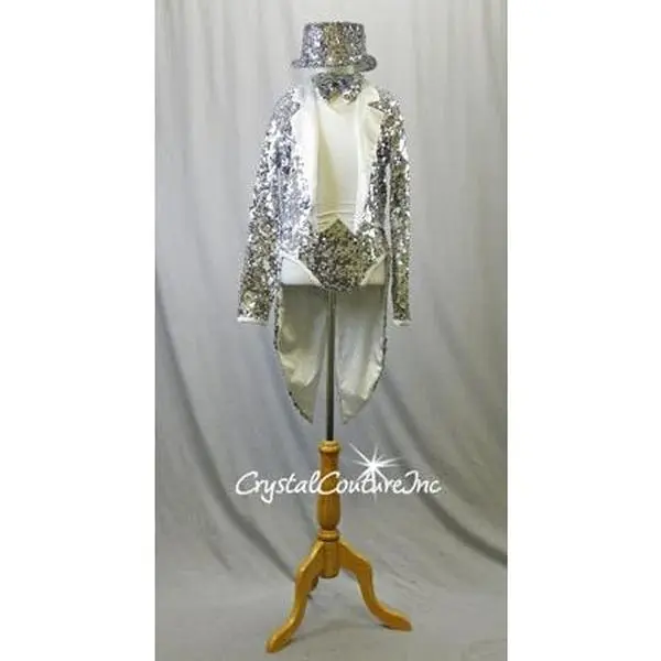 White/Silver Halter Leotard with Silver Sequined Jacket with Tails