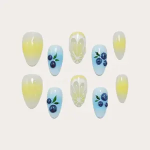 Moonovate - LEMON BERRY 10pcs Handmade Press On Nails Almond Nails REUSABLE 3D Gel Fake Nails Acrylic Press On Nails