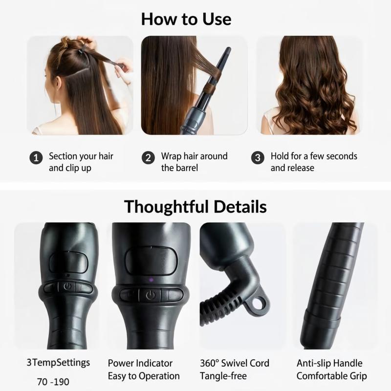 Tapered Hair Curler for Women - Black Plug-Powered Curling Iron for Defined Curls & Waves, Easy-to-Use Hair Styling Tool for Home/Travel