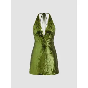 Cider [size 0-10] Sequin V-neck Halter Knotted Mini Dress