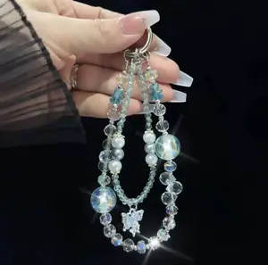 Light Luxury Flash Double Layer Mobile Phone Chain Silver Short Anti-Lost Keychain Bag Pendant with Colorful Beads