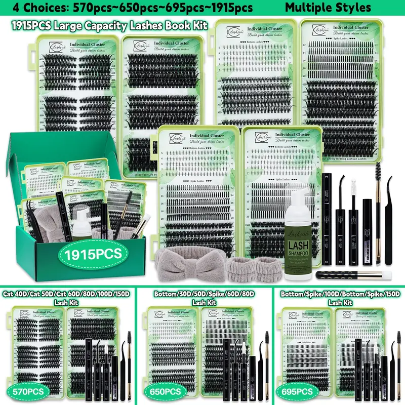 Lashsun Lash Clusters Set, Cluster Eyelashes, Eyelash Extension Set, D Curl 11 Styles Cat/Volume/Spikes/Bottom Lashes with Accessories Bond&Seal, Lash Remover, Brush, Applicator, Shampoo&Brush, DIY at Home
