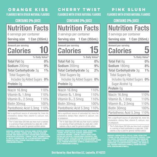 Alani Nu VARIETY PACK CHERRY TWIST, PINK SLUSH, ORANGE KISS Sugar Free, Low Calorie Drinks, 200mg Caffeine, Biotin B Vitamins, Zero Sugar, 10 Calories, 12 Fl Oz Cans, 12 Pack