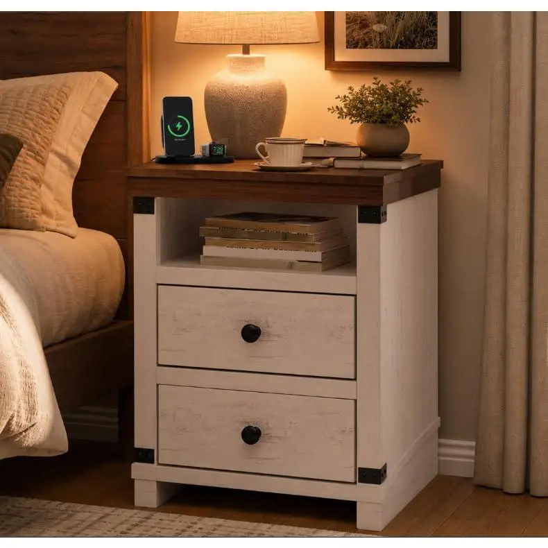 18 Inch Farmhouse Nightstand with Charging Station, Wood End Table with 2 Drawers USB Ports and Outlets Bedside Cabinet for Bedroom Living Room, White