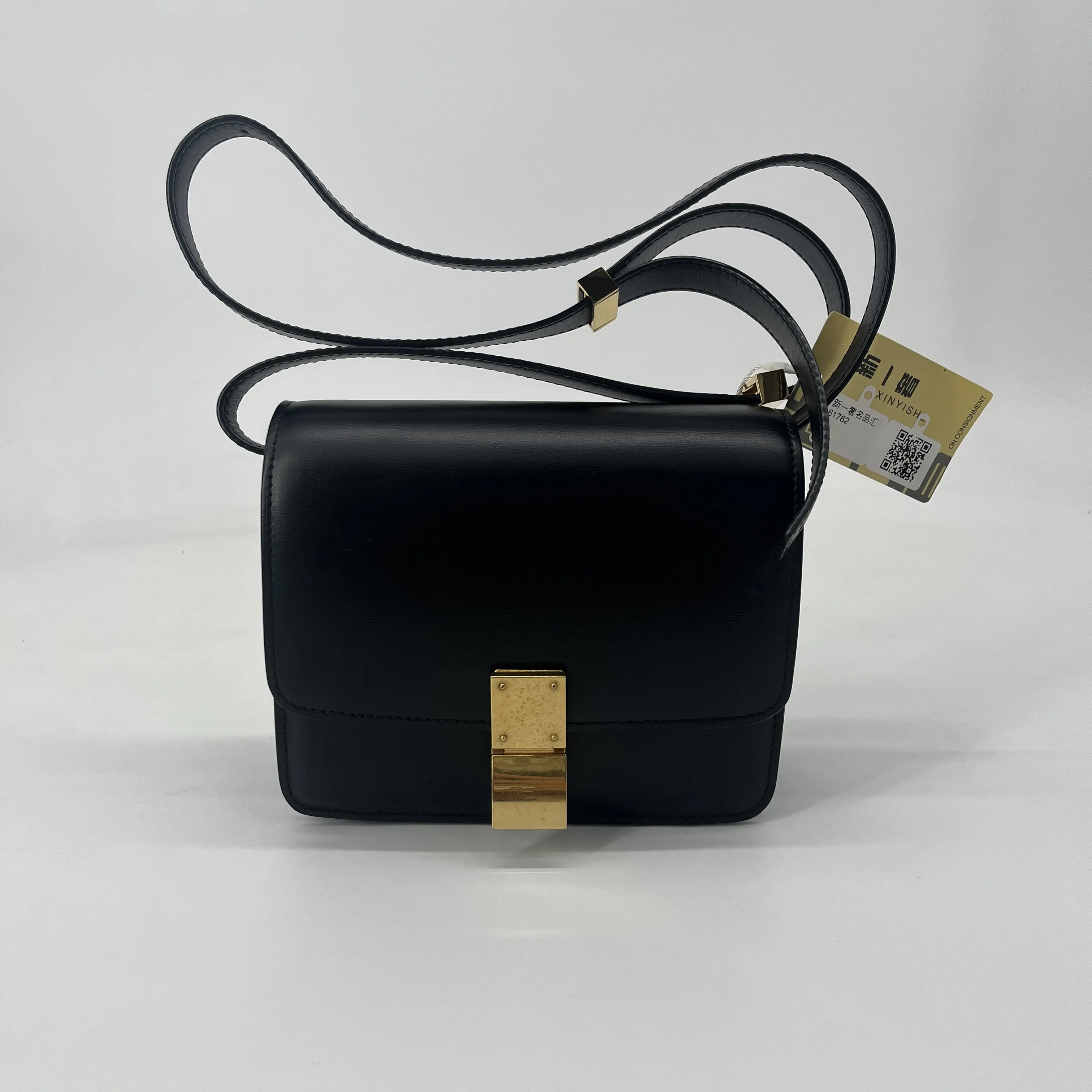 Pre-owned Celine Calfskin  Crossbody Shoulder Bag Classic Box Mini Shoulder Bag Shiny Black Gold, Compact Mini Bag with Adjustable Strap