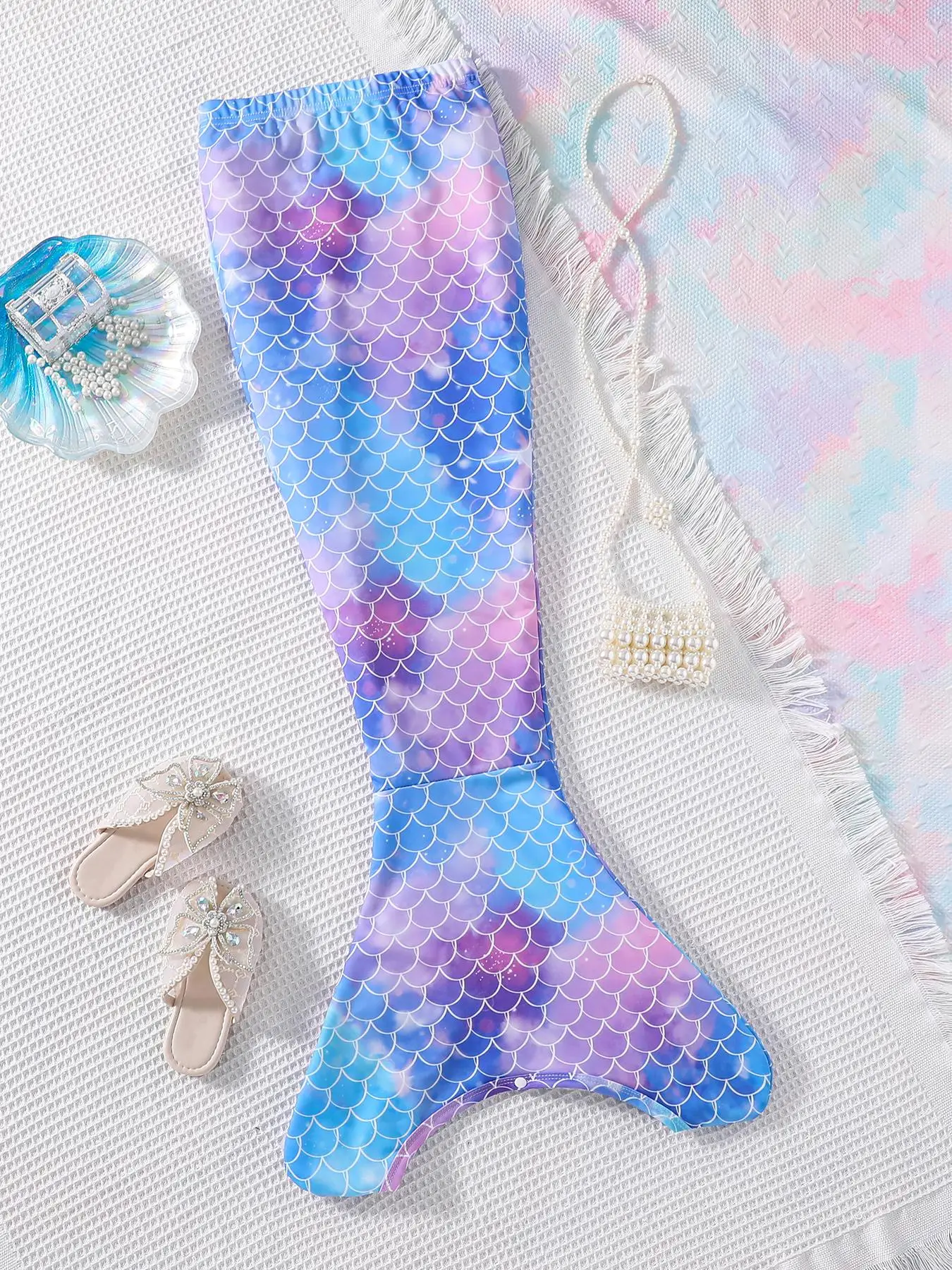 Girl's Fish Scale Print Mermaid Tails Costume, Cute Elastic Waist Accessories for Party, Kids Costumes for All Seasons