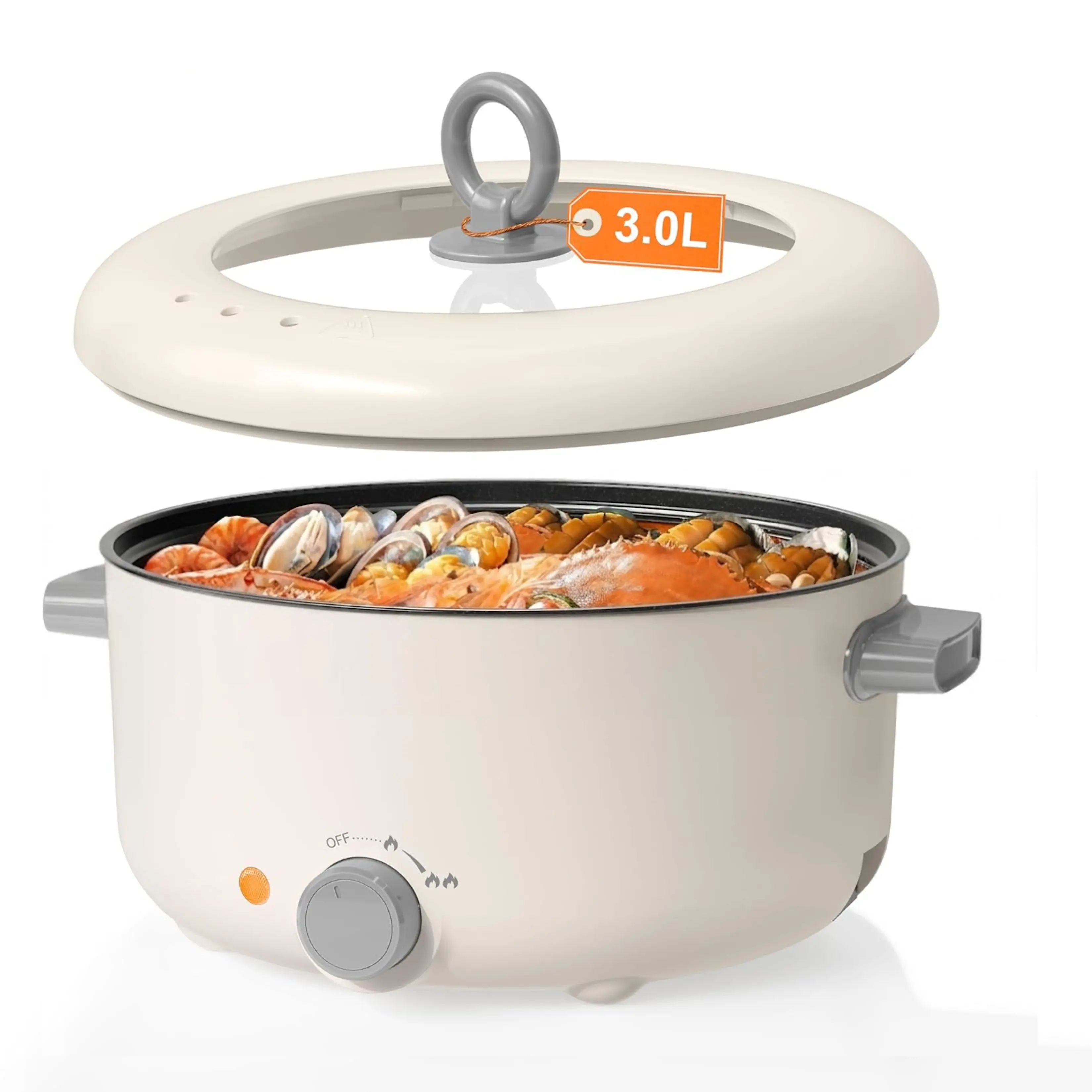 AliZence 3L Electric Hot Pot - 1000w/500w, 10.43in Diameter, Non-Stick Frying Pan, Multifunctional Cooker with Boil-Dry Protection, Detachable Power Cord, Dual Handles for Noodles, Steak, Soup, Party, Camping, Beige