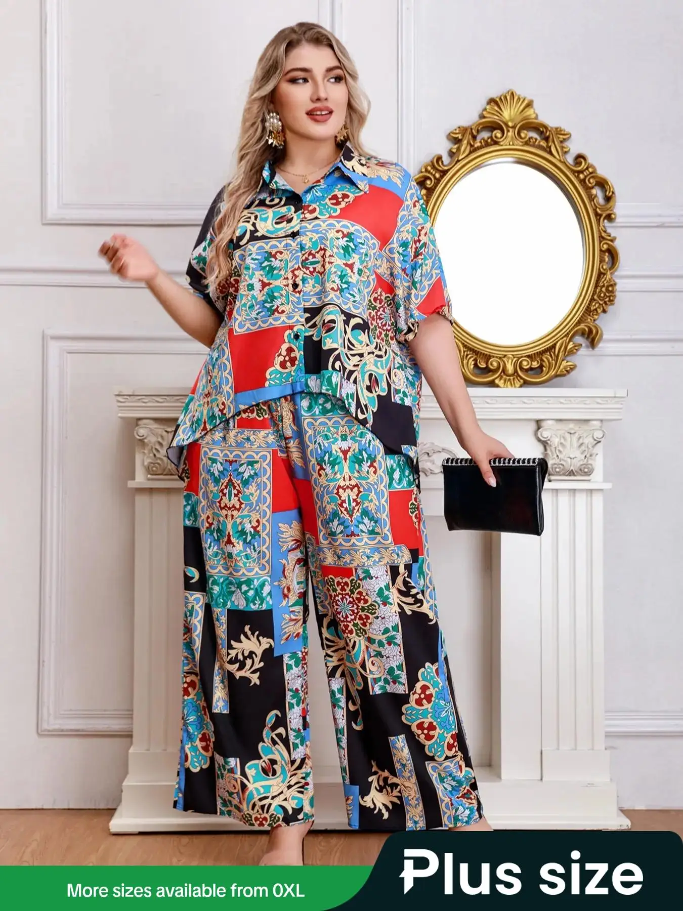 Plus Retro Patchwork Button Front Blouse & Wide Leg Pants Set, Summer Short Sleeve Collared Button Up Top & Trousers, Two-Piece Outfits for Daily Wear