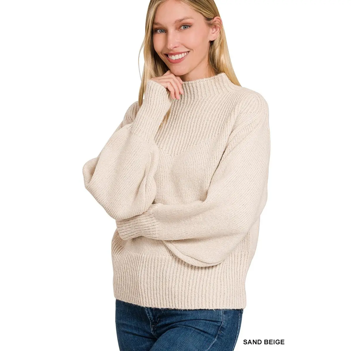 Zenana Sand Beige Balloon Sleeve Mock Neck Sweater - Long Sleeve, Ribbed Knit, Casual Minimalist Style, Winter Fashion Pullover
