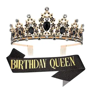 "BIRTHDAY QUEEN" Sash and Tiara for Women Crystal Tiara and Satin Kit for Girl Rhinestones Crown with Comb Glitter Hair Accessories for Prom Party Decoration Cake Topper Accessory Set with Pin - Home Improvement.