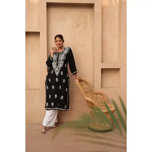 Premium rayon chikankari kurti in Black