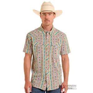 PANHANDLE TURQUOISE SHORT SLEEVE WITH MULTI COLOR AZTEC PRINT SHIRT - 6647