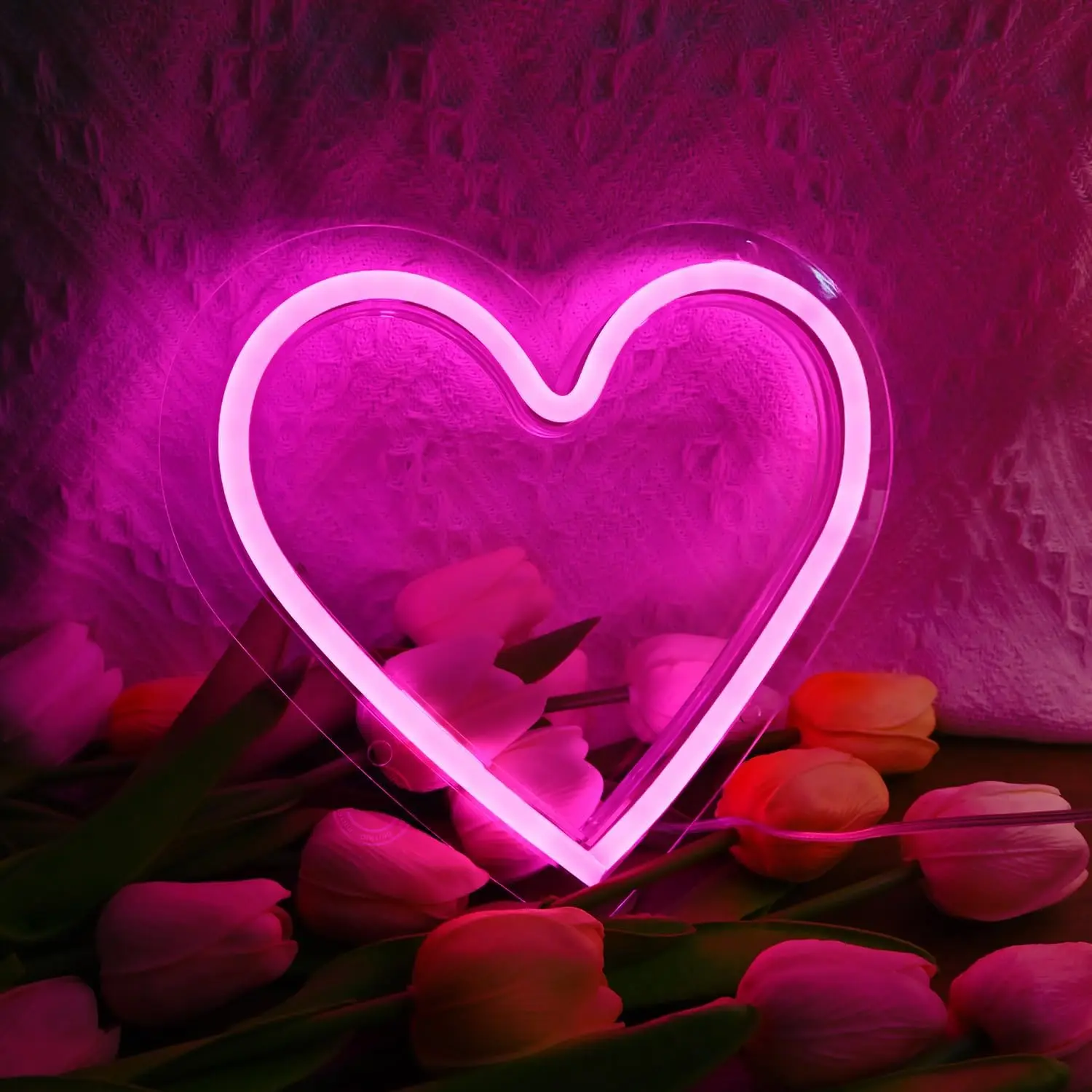 Pink Heart LED Neon Love Lamp - USB/Battery Operated Atmosphere Bright Illuminated Light Sign, Desktop Circular Light Sign for Girl Bedroom Wall Decor, Mother's Day Gift, Atmosphere Light Signs, Bright Light Signs