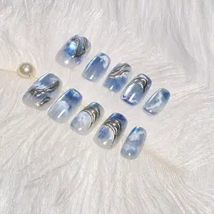 Celestial Waves Luxury Press-On Nails - Elegant Blue & White Marbled Design with Silver Accents for Every Occasion