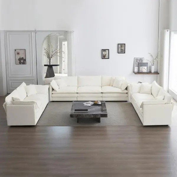 High-End Modern Upholstered L-Shaped Oversized Modular Sectional Sofa Set, White Chenille High-End Breathable Fabric, Sturdy Solid Wood Frame, Reversible Ottoman, Free Combination Design, Sponge Cushioning, Versatile Use Modular Sectional Couch