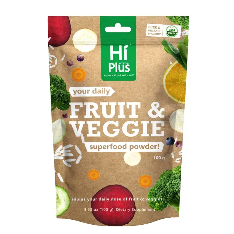 HiPlus Organic Fruits & Vegetables Powder Superfood Blend Daily  + Essential Vitamins | USDA Certified, Vegan Powder for Smoothies & Baking | Hidden vegetable recipes | 3.52oz pantry staple| Non-GMO, Gluten-Free, Easy Mixing