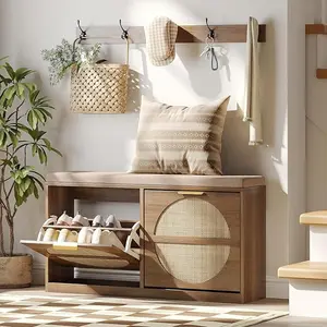 Vabches Rattan Entryway Bench with Seat Cushion & Coat Rack, Shoe Storage Cabinet with 2 Flip Drawers, Narrow Shoe Rack, 5 Sturdy Metal Hooks, Rustic Oak Rattan