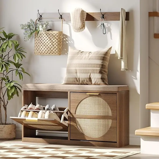 [Summergarden] Vabches Rattan Entryway Bench with Seat Cushion & Coat Rack, Shoe Storage Cabinet with 2 Flip Drawers, Narrow Shoe Rack, 5 Sturdy Metal Hooks, Rustic Oak Rattan