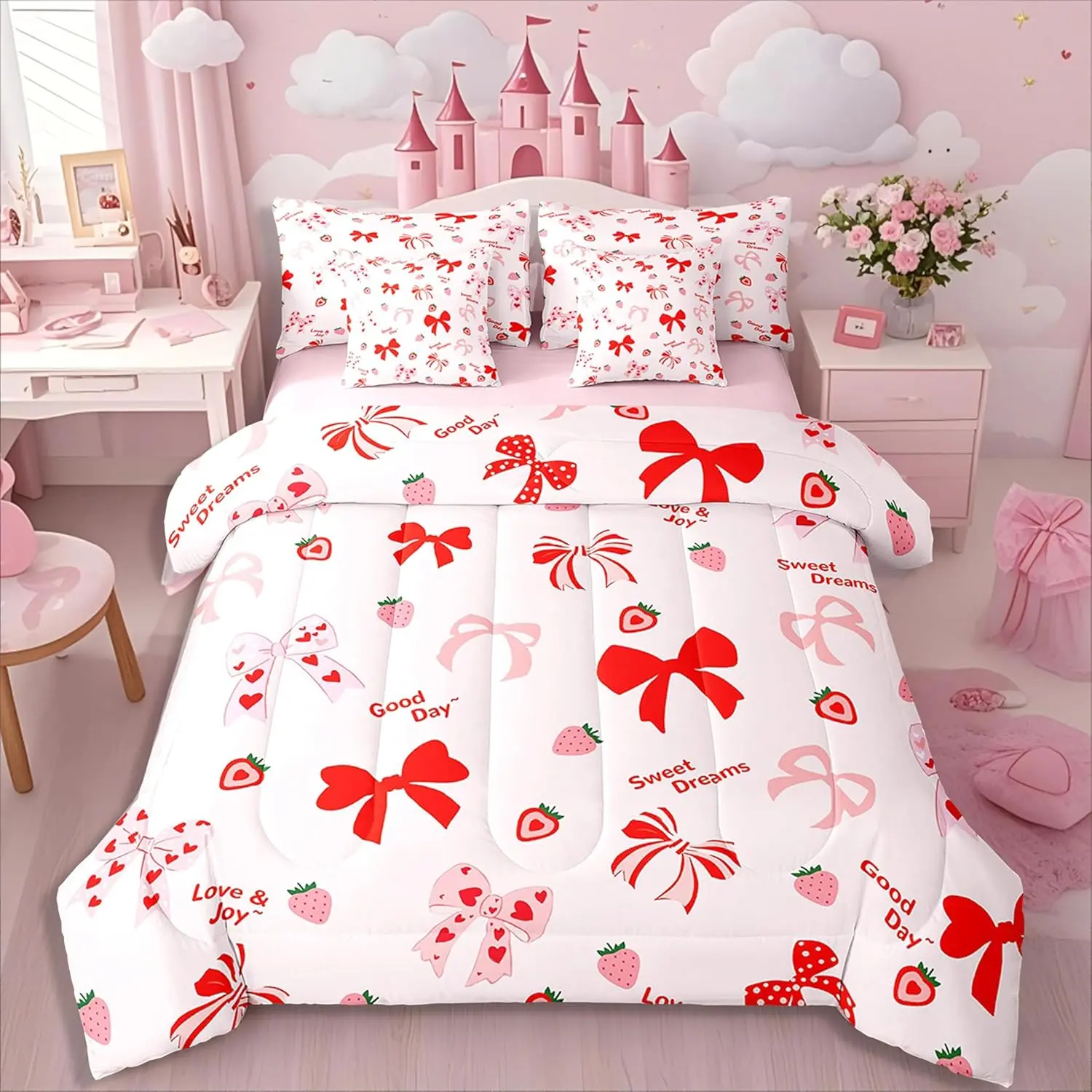 Feelyou 7-Piece Pink Bow Microfiber Bedding Set - Strawberry Coquette Preppy Style, Flower Print, Breathable Bedsheet Sets, Blanket for Daughters, Halloween/Father's Day/Valentine's Day Gift, Low-Heat Tumble Dry, for Girls, Bedding Sets