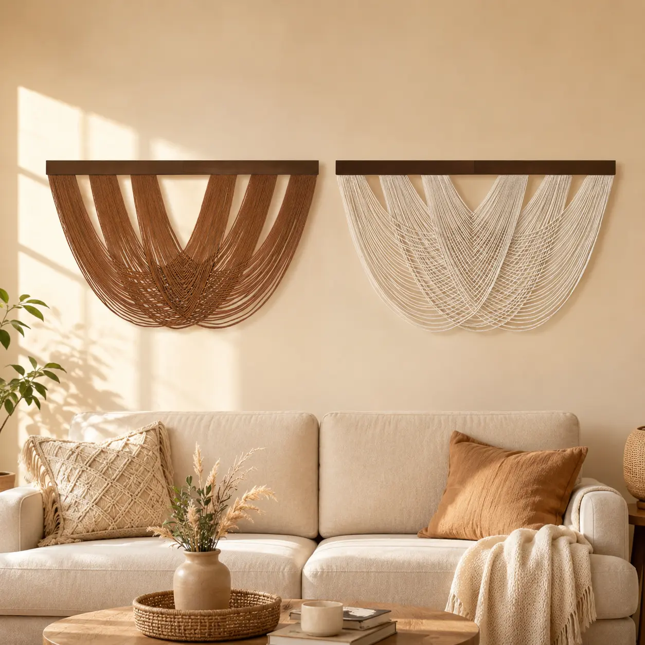 Hangable Decorative Minimalist Macrame Wall Art - Brown & Beige Home Decor Items, Home Supplies Accent for Sofa Area