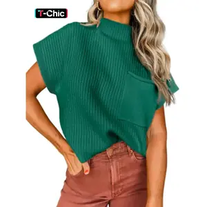 Women's Knitted High Neck Fitted Pullover Sweater, Basic Solid Color Pocket Design, Casual Fashion Top for Spring Summer Fall Seasons