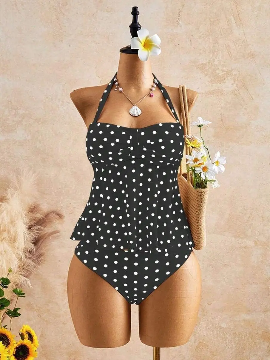 Bellisia Black Polka Dot Halter Tankini Set | Vintage Peplum Tummy Control Top with High-Waisted Bottoms 2-Piece Swimsuit | Retro Beach Vacation Outfit